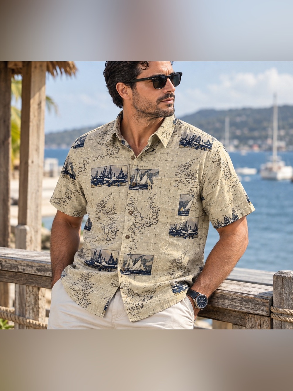 Men's short-sleeved shirt with a beige nautical print.